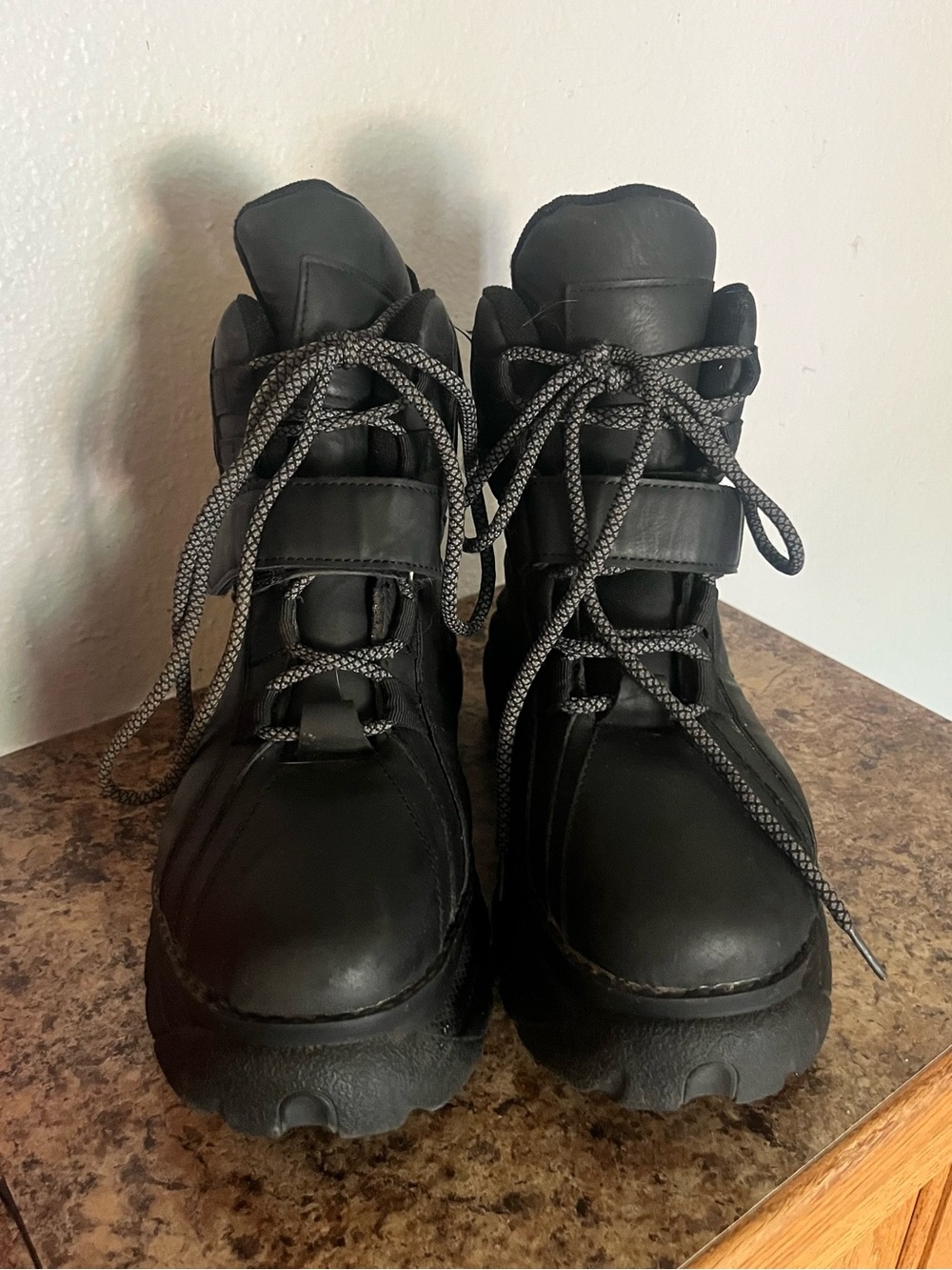 Dolls Kill Black Platform Combat Boots with Reflective Laces